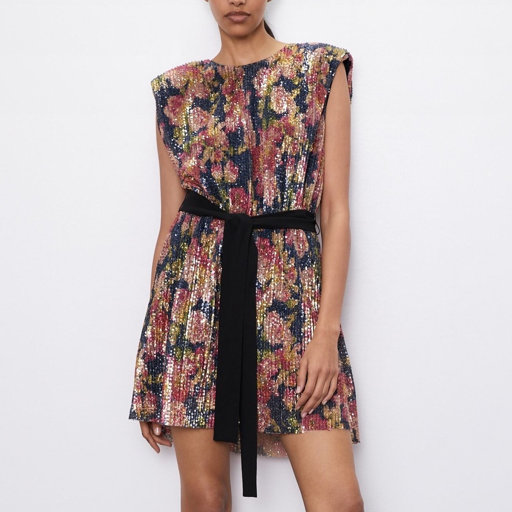 ZARA Floral Sequin Dress with Belt
